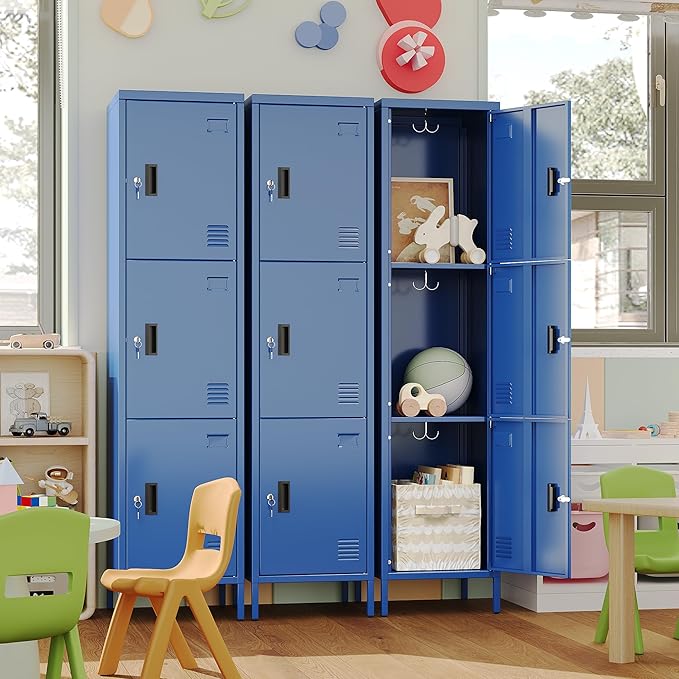 Aobabo 16" W 3 Door Metal Storage Locker with Lock, 66" H Steel Locker with Name Card Holder and Metal Leg for School, Home, Office, Playroom, Assembly Required, Blue