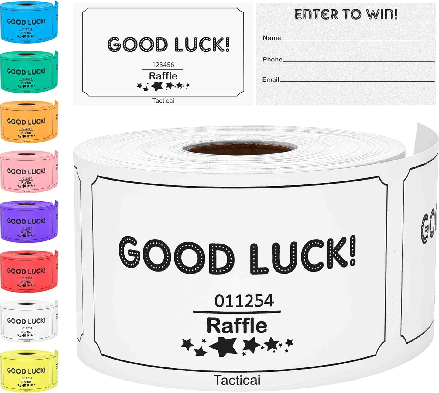 Tacticai 250 Raffle Tickets, White (1 of 8 Colors), Raffle Cards, Entry Form with Name, Phone & Email for Events, Fundraiser & Prizes