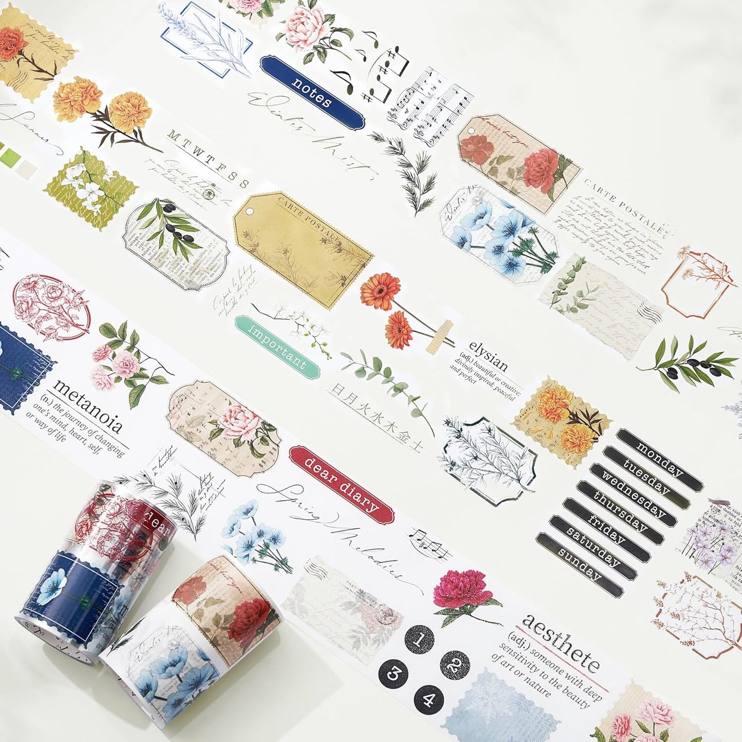 WT Season's Symphony Wide Clear PET Tape, Single Roll, Original Design, Vintage Watercolor Floral, Transparent Adhesive Tape for Journaling, Junk Journals, Bujo, Scrapbooks, Planners, DIY Crafts