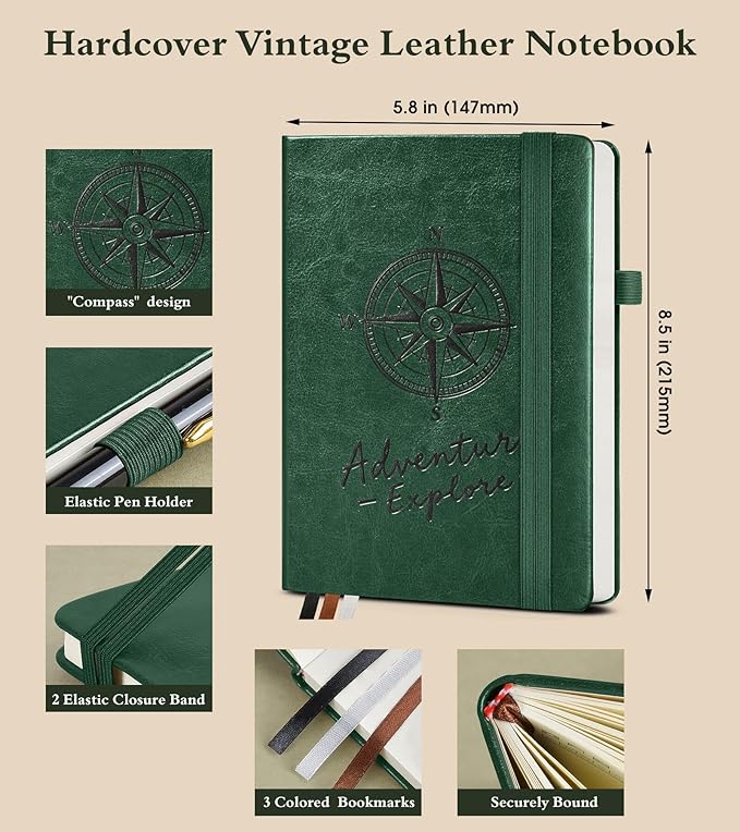 Blank Journal Notebook for Women Men,160 Pages,Inner Pocket,A5 Hardcover Sketchbook for Drawing, Sketch book, Unlined Notebooks for School,Work,Travel Journals for Writing 5.8"x8.5" (Green)