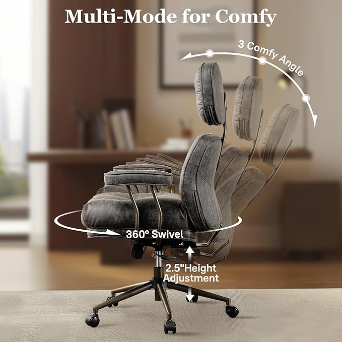Mid Century Modren Big and Tall Office Chair,Large Ergonomic Executive Chair for Heavy Duty People, Computer Desk Task Chair with Wheels, Faux Lether Fabric Wide Chair for Home Sturdy,Grey