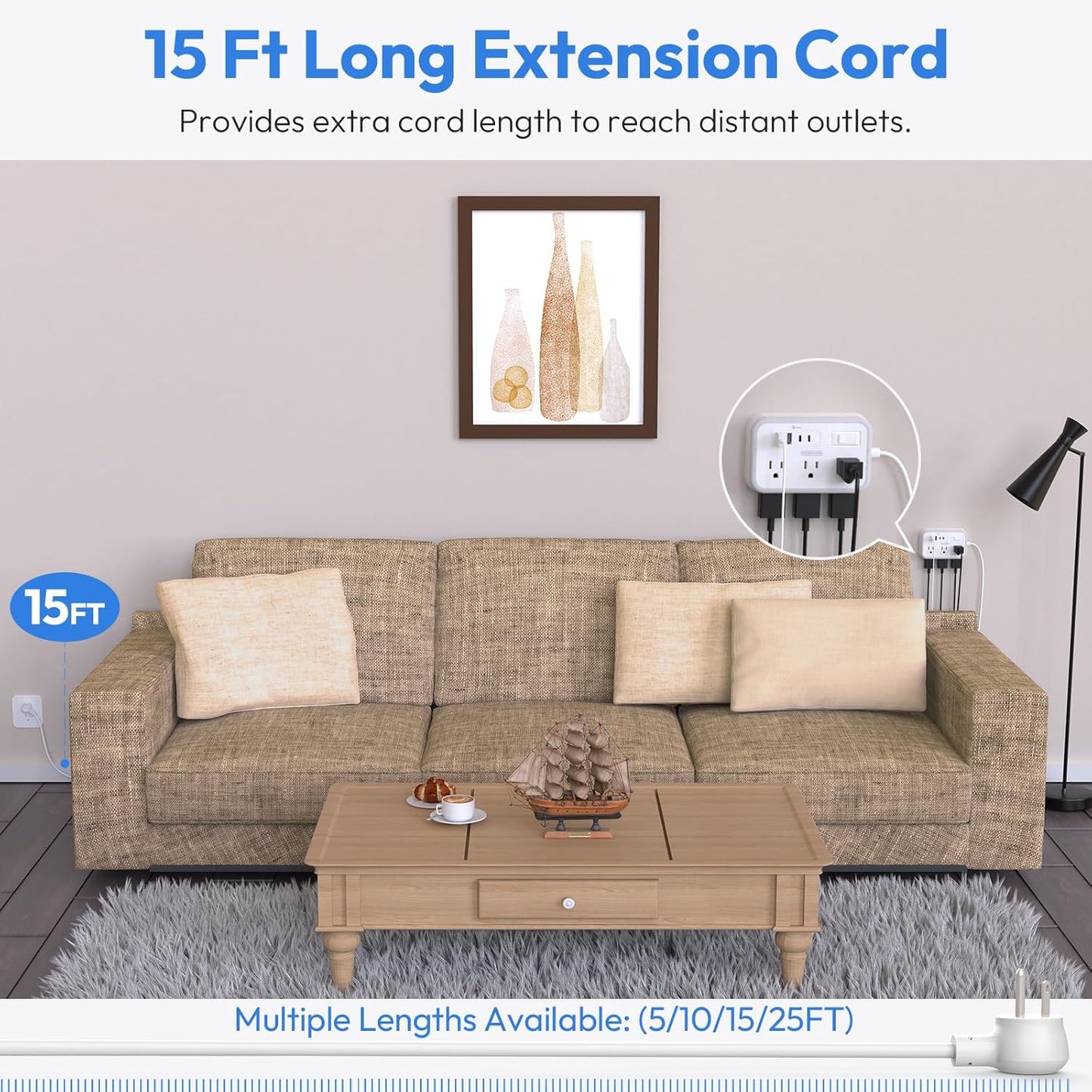 Extension Cord 15 ft, Surge Protector Power Strip with 6 Outlets 4 USB Charger(2 USB C Port), Flat Plug Outlet Extender Long Cord, Protection for Indoor, Home, Office Supplies, Dorm Room Essentials