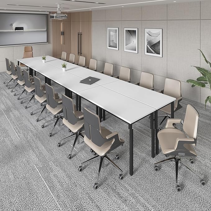 Bonzy Home Conference Tables 18ft Office Computer Desk for Meeting Room Study Writing Printer Table Meeting Seminar Table for 20 People Rustic Modern White 8PCS 220.4"x47.2"x29.5"