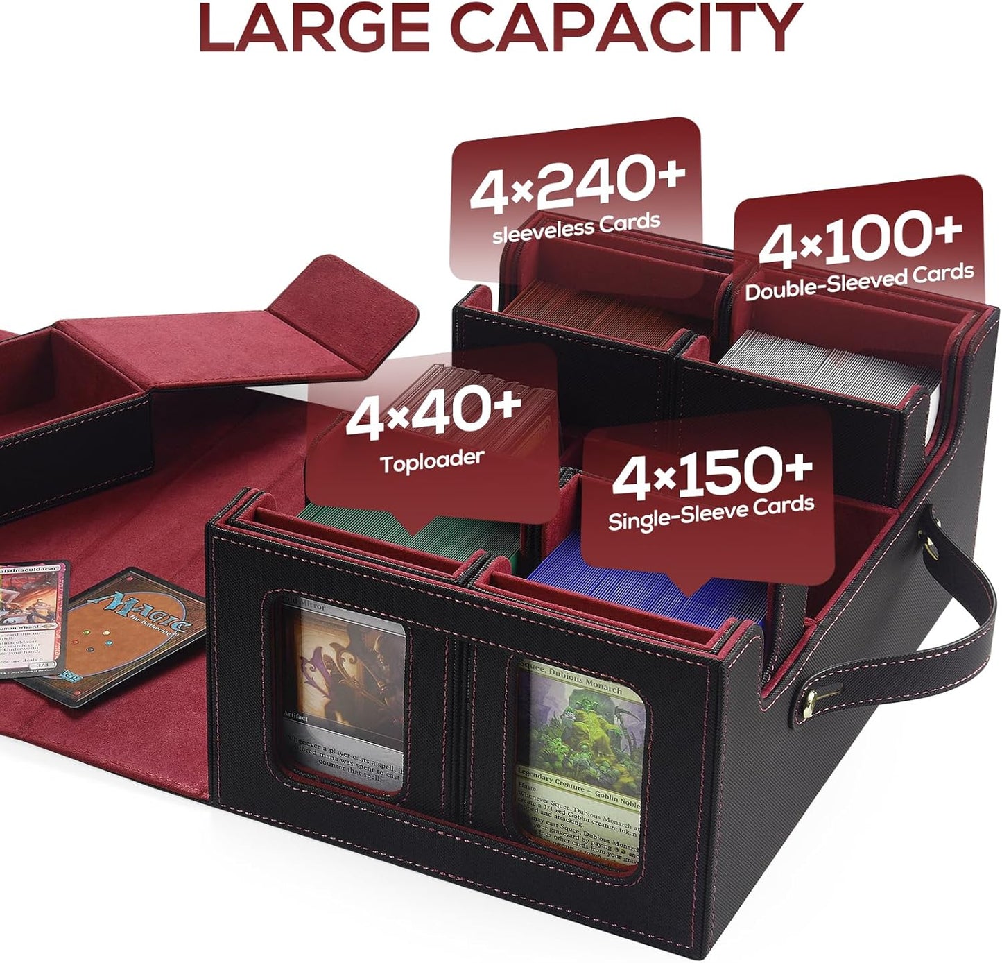 Trading Card Storage Box for MTG, card storage box with Commander Display，Multi-purpose Deck Case for MTG TCG Sports Card, 4 Toploaders, 4 Stoppers, 4 Colorful Dividers (Black & Red)