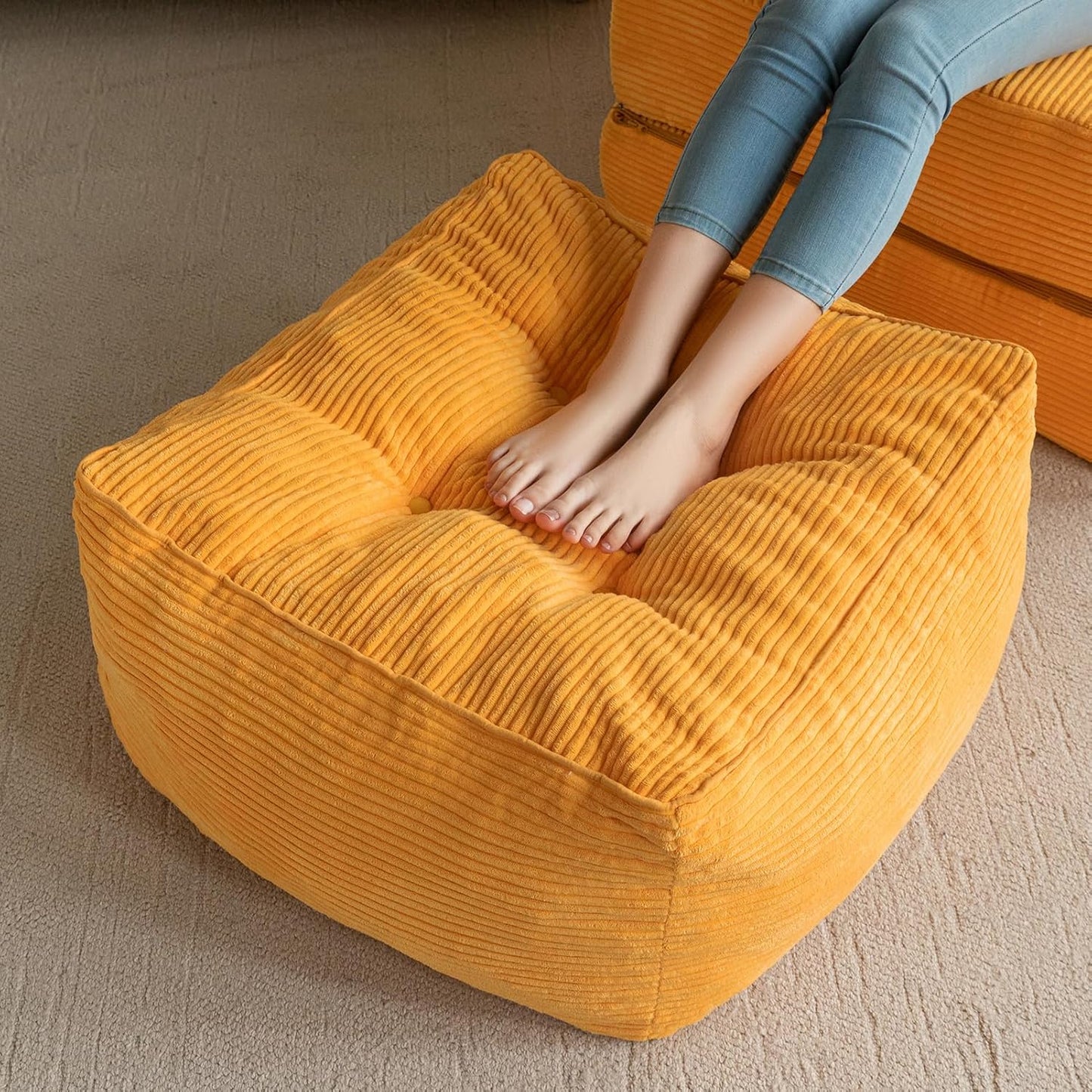 HIGOGOGO Square Stuffed Pouf Ottoman, Corduroy Poufs with Foam Chunk Filling, Furry and Fluffy Pouf Foot Stool Storage Ottoman, 21 X 21 Floor Poufs Foot Rest for Living Room, Orange