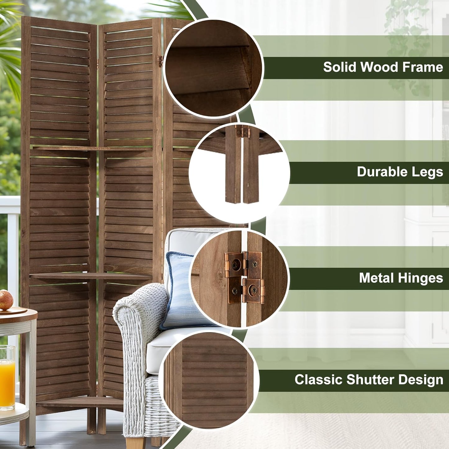 NicBex 6 Panel Room Divider 5.6FT Louvered Design Room Dividers with Display Storage Shelves Folding Privacy Screens Portable Freestanding Partition Wall Dividers for Home Bedroom Office, Dark Brown