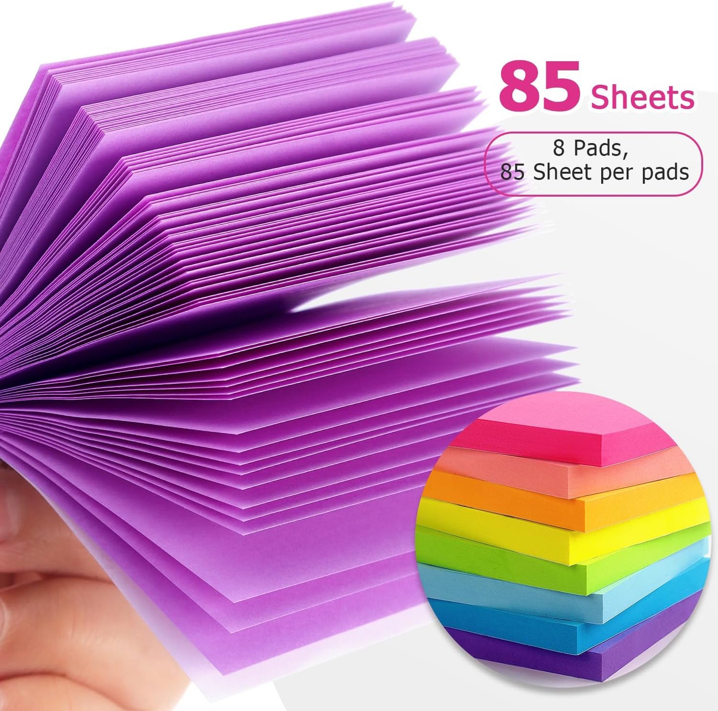 Eastern Wolf 8 Pads Sticky Notes 3x3 Self-Stick Notes 8 Bright Multi Colors Purple Sticky Notes, 85 Sheet/Pad