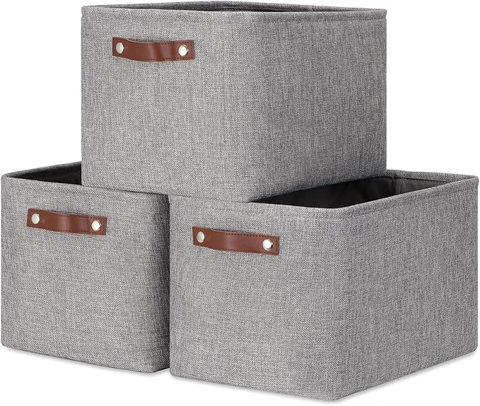 DULLEMELO Medium Storage Baskets for Organizing, Rectangular Fabric Storage Bins Collapsible, Perfect for Shelves, Closets, Nursery, Home, Office, Empty Gift Baskets (3-Pack,Grey)