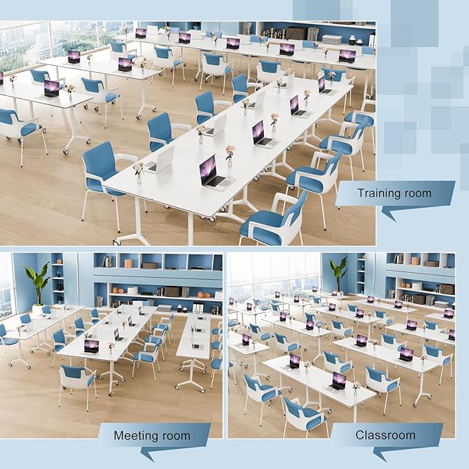4Pack Folding Conference Room Table, Modern Conference Tables with Silent Wheels, Large Rectangular Mobile Training Tables for Office Classroom, Foldable Modular Seminar Table White (L70.9in)