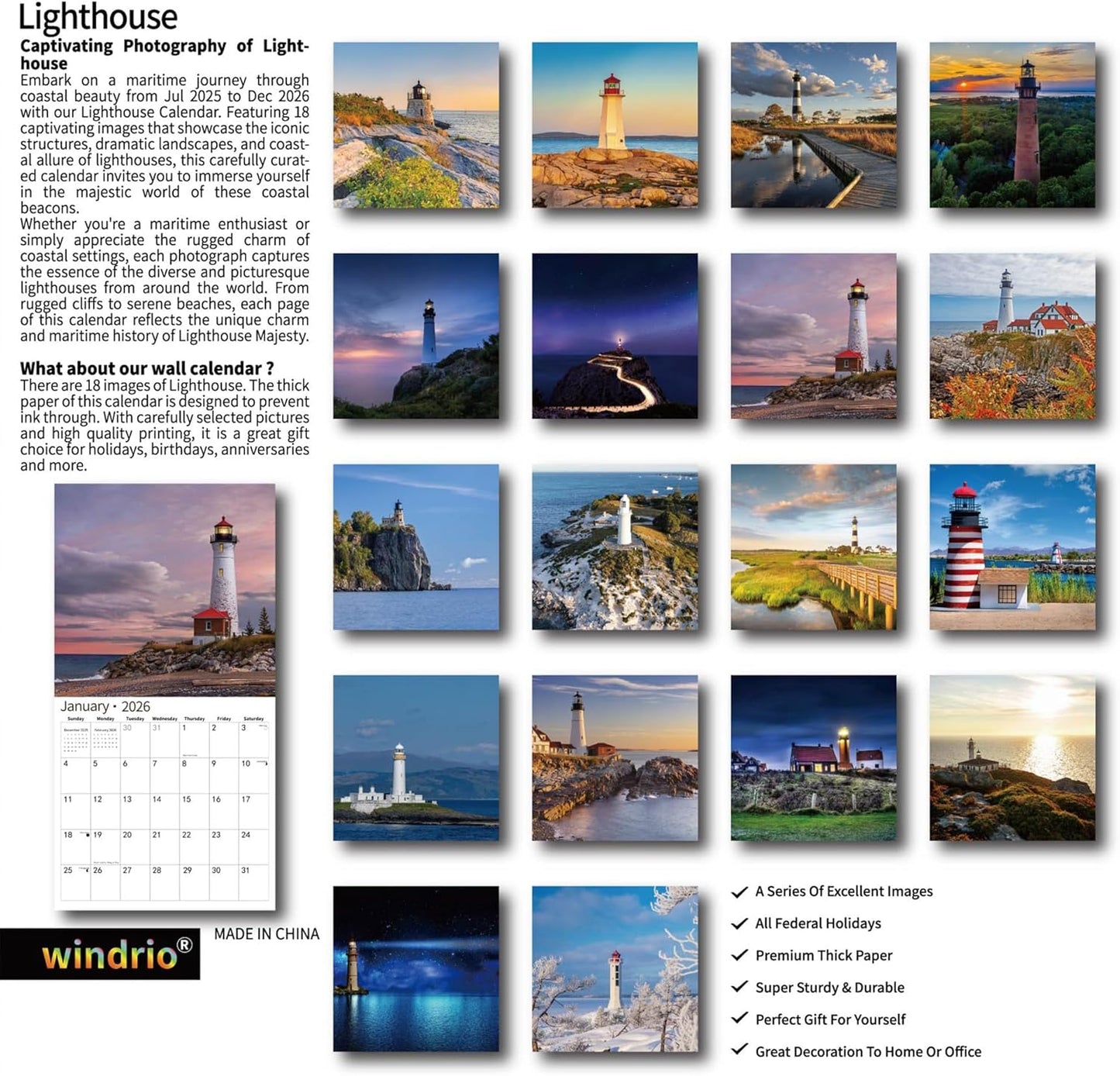 2025 Wall Calendar,Calendar 2026, July 2025 - December 2026, Wall Calendar Lighthouses, 12" x 24" Opened,Full Page Months Thick & Sturdy Paper for Calendar Organizing & Planning