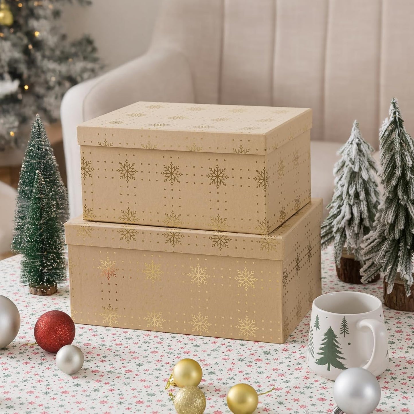 Soul & Lane Christmas Gift Boxes with Lids, Vintage Kraft Reusable Christmas Nesting Boxes for Presents, Decorative Cardboard Large Holiday Storage For Keepsakes and Snowflakes Decor, Set of 2