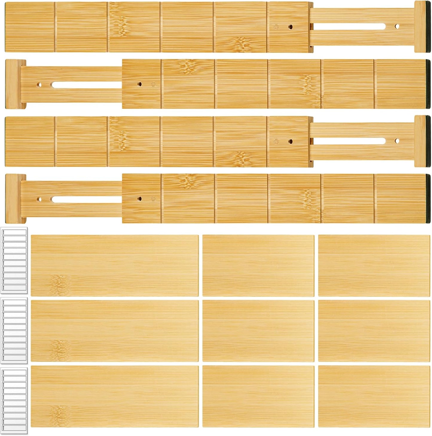 Bamboo Drawer Organizer - with Inserts & Labels, 17-22" - Adjustable Spring Loaded Kitchen Dividers for Utensils & Junk Storage - Expandable Silverware Separators for Organization