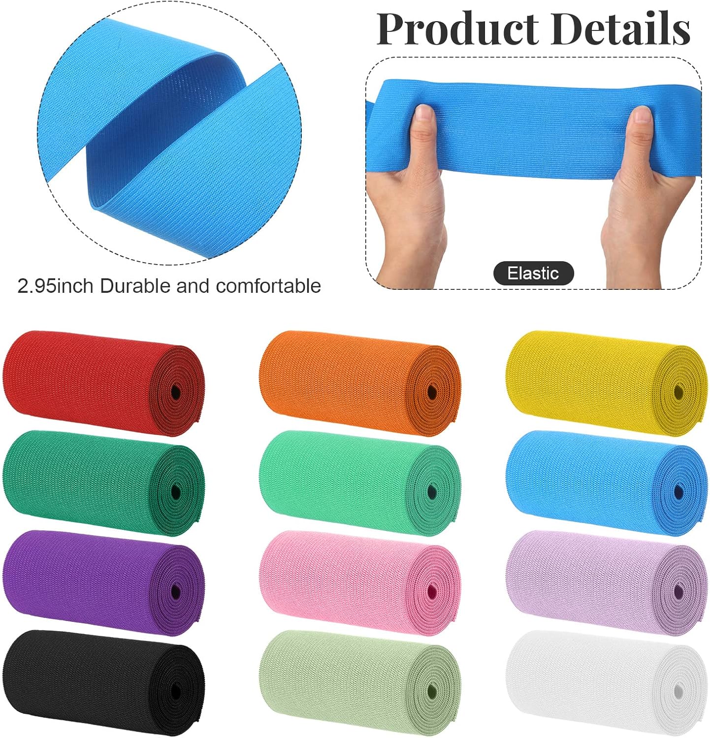 WILLBOND 12 Rolls Colorful Elastic Band Folding Elastic Cord Heavy Duty Stretch Band Knitted Flat Band for Sewing Crafts DIY Comforter Cuffs(3 Inch X 0.9 Yards,Bright Color)