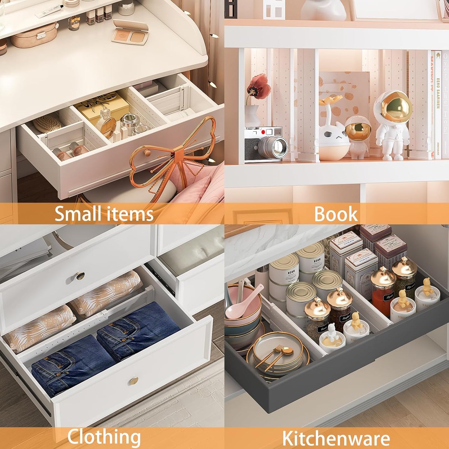 REBECAT 8 Pack Drawer Dividers for Clothes Adjustable Drawer Dividers 4" High Expandable from 15"-21" for Dresser Baby Clothes Bathroom,Bedroom Kitchen and Office Storage，White