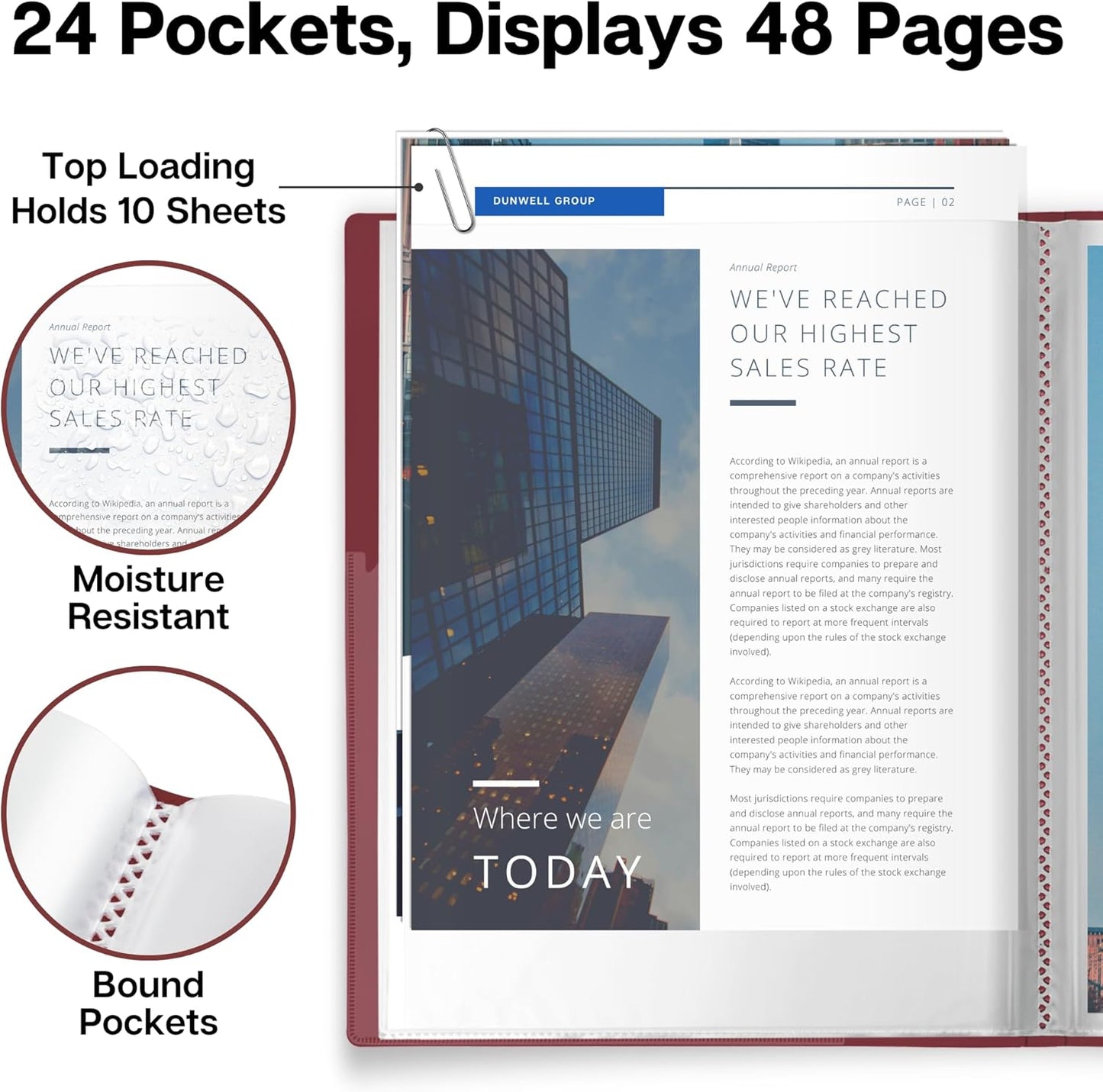 Dunwell Presentation Binder 24-Pocket, Displays 48 Pages, 8.5x11 Portfolio Binder with Plastic Sleeves, Storage and Organizer for Documents, Certificates, Projects, Photos (Ruby)