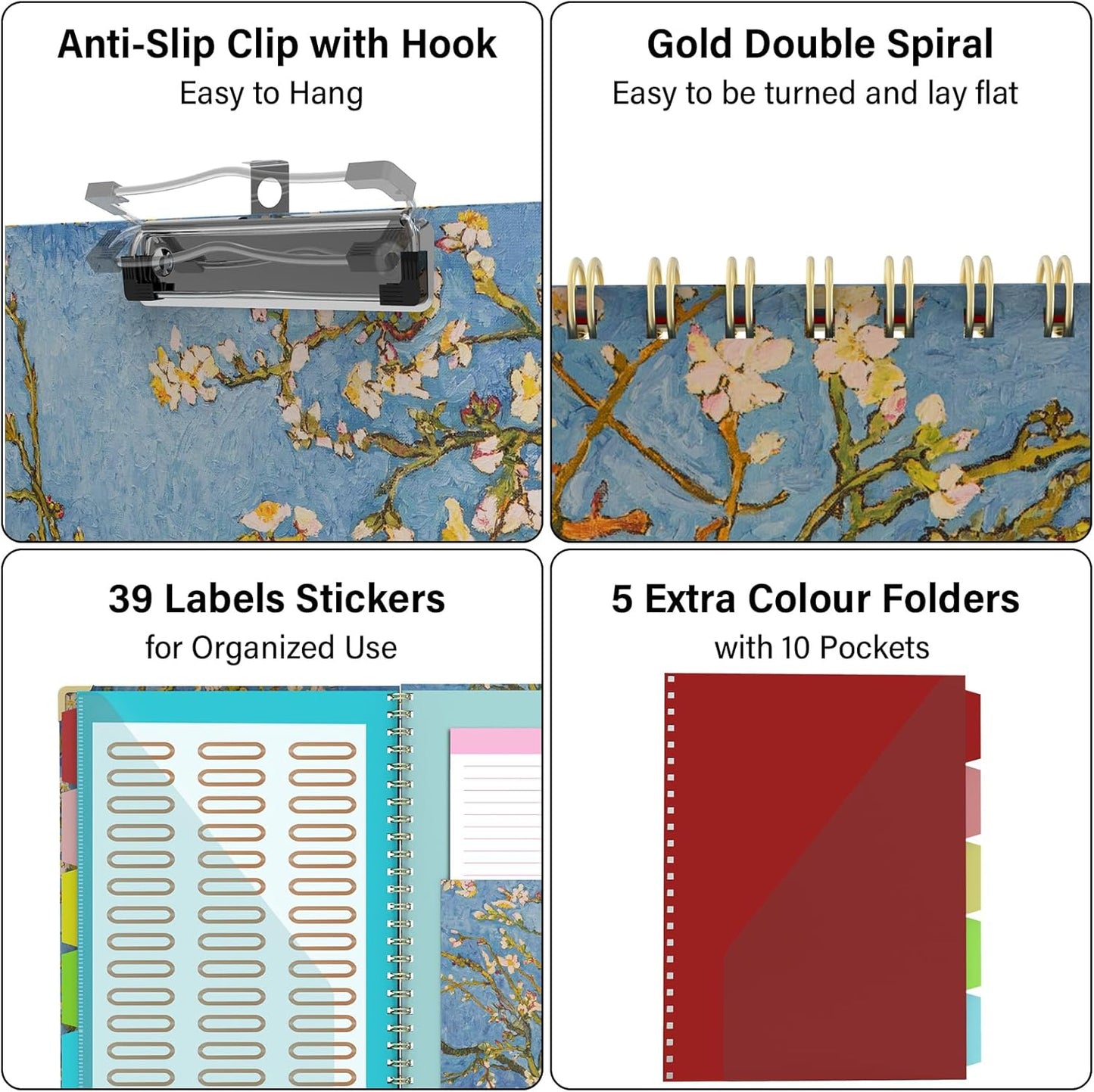 Foldable Clipboard Folio with Storage, 5 Plastic Folders with 10 Pockets,Refillable Lined Notepad (11" x 8.5"), Hardcover Project Organizer Nursing Teacher School Essentials(Almond Tree)