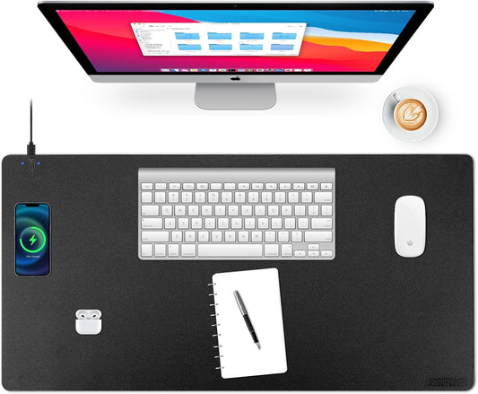 Wireless Charging Desk Mat with Desk Pad for Desktop Charging Large Mouse Pad Waterproof Leather Computer Mat Mouse Pad Non-Slip Protector on Top of Desks for Keyboard and Mouse (black-l, 36*17inch)
