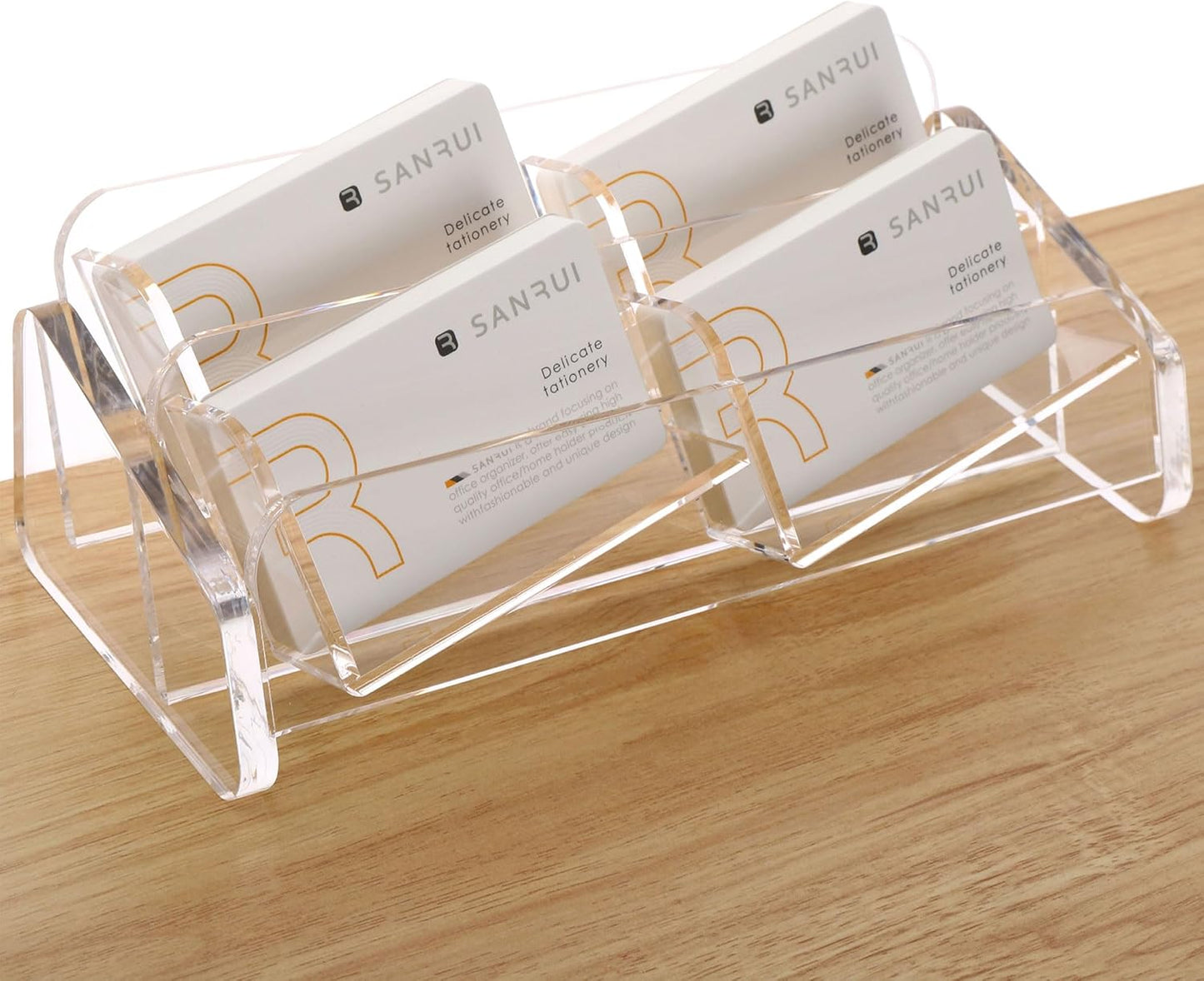 SANRUI Business Card Holder for Desk, Slant Clear Acrylic Desktop Cards Organizer, 2 Tier 4 Slots, Holds 240 Cards