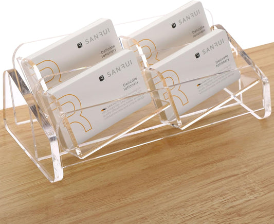 SANRUI Business Card Holder for Desk, Slant Clear Acrylic Desktop Cards Organizer, 2 Tier 4 Slots, Holds 240 Cards