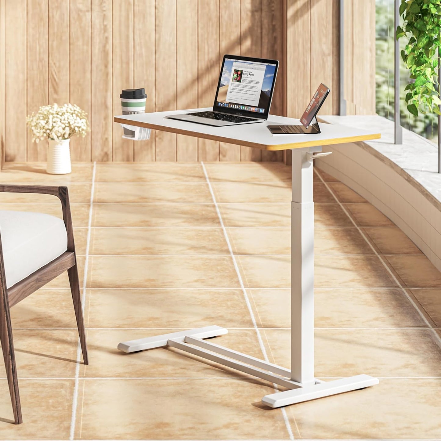 SANODESK Mobile Standing Desk with Hidden Wheels,Pneumatic Laptop Desk Rolling Computer Cart Movable Height Adjustable Small Sit Stand Desk for Home Office(31.5" W x 17.7" D, White+Maple Band)