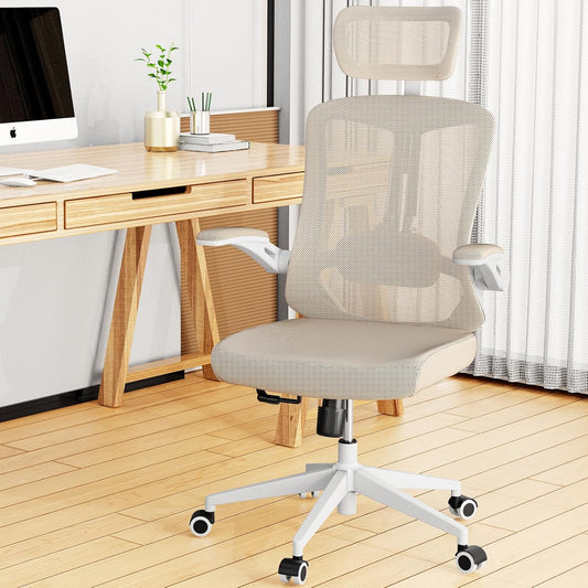 Desk Office Chair, Ergonomic High Back Comfy Computer Chairs with Wheels, Swivel Gaming Home Mesh Chair Comfortable Lumbar Support, Comfy Arms for Study, Home,Bedroom（Khaki）