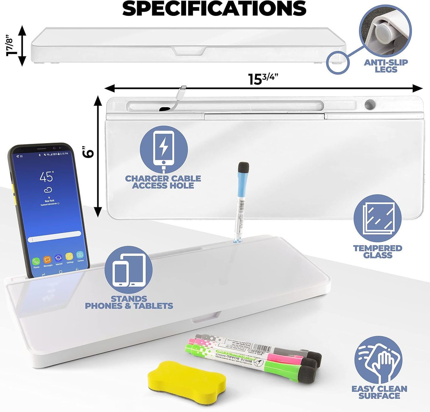 Desktop Whiteboard - Glass Dry Erase White Board - Desk Computer Buddy – Home Office & Studying Essentials - with Phone & Tablet Slot, Storage Compartment - Includes 4 Markers, 1 Eraser (2 Pack)