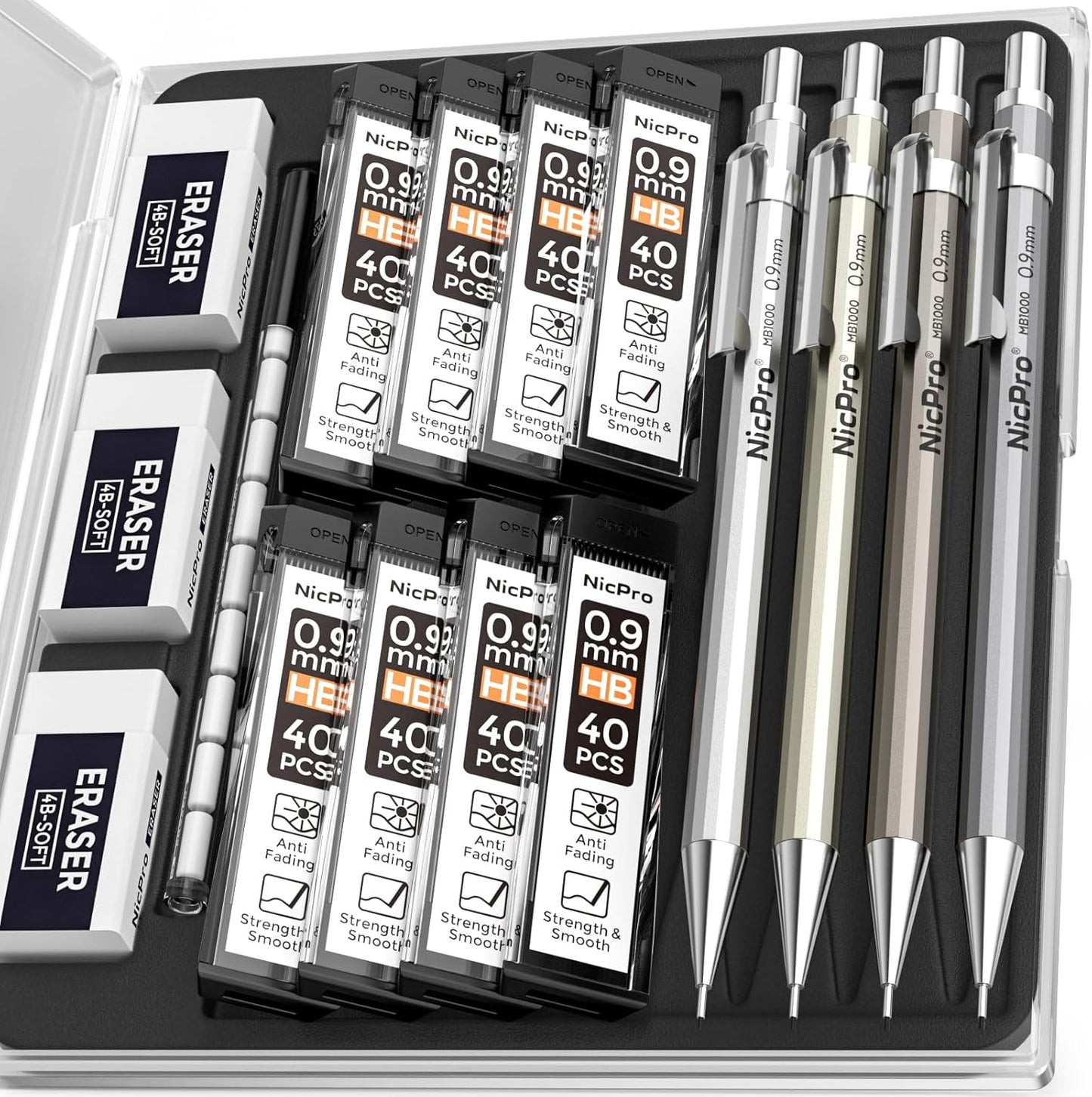 Nicpro 4 Pack Metal Mechanical Pencil Set 0.9mm, MB1000 Lead Drafting Pencil 0.9 mm with 8 Tube HB #2 Lead Refill, 3PCS 4B Eraser, 9 Cap Eraser for Artist Writing, Sketching, Drawing- Come with Case