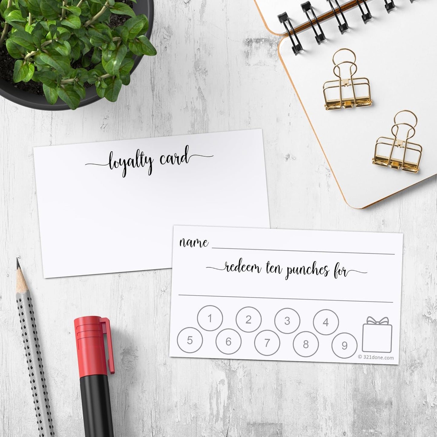 321Done Loyalty Punch Cards, Made in USA - Customer Reward Card 3.5x2, Business Card Size, Redeem 10 Punches or Visit for Prize, White - Set of 50