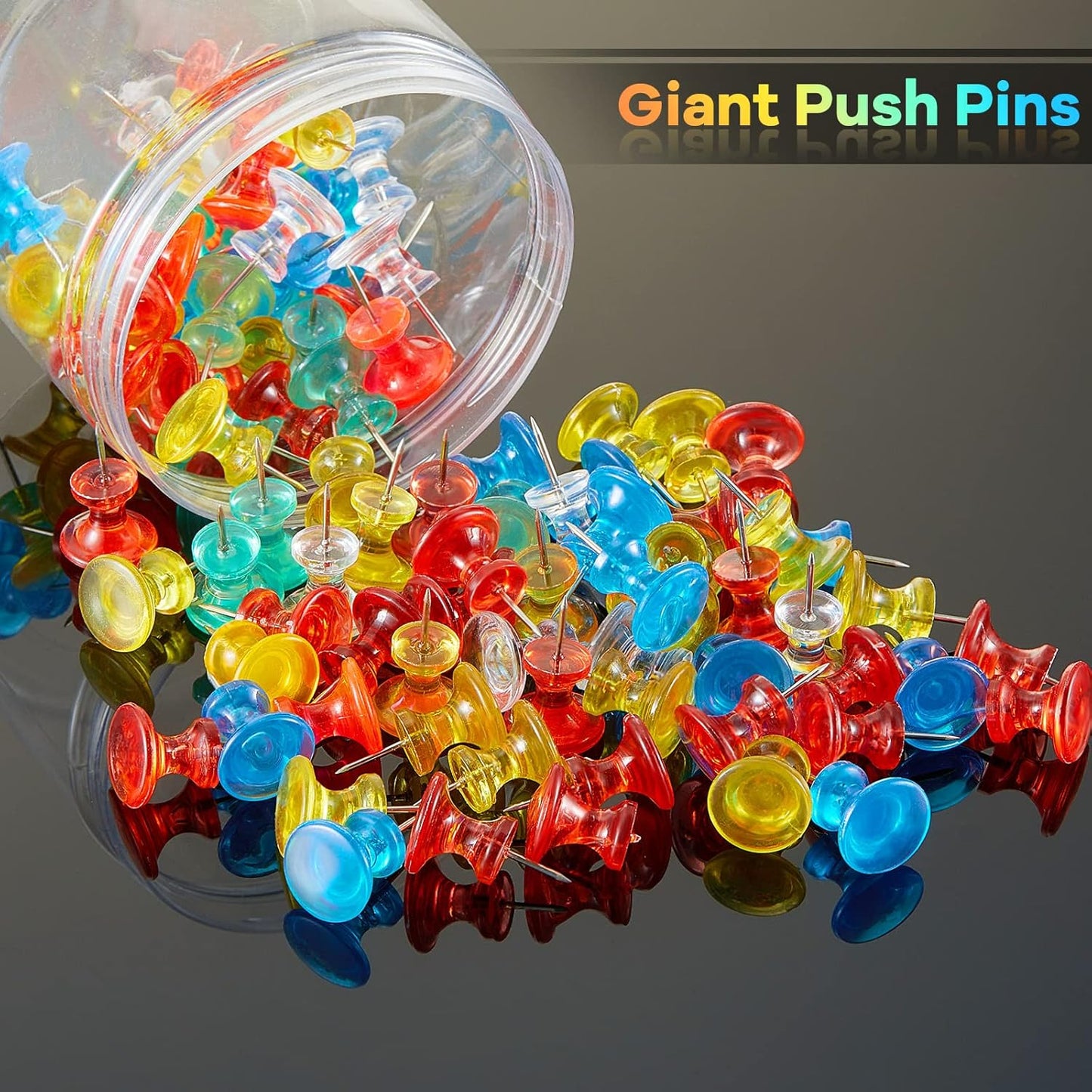 Outus 100 Pcs Giant Push Pins Large Thumb Tacks Plastic Heads 1 Inch Jumbo Push Pins for Cork Board Map Posters Office School(Red, Yellow, Blue, Green, Transparent)