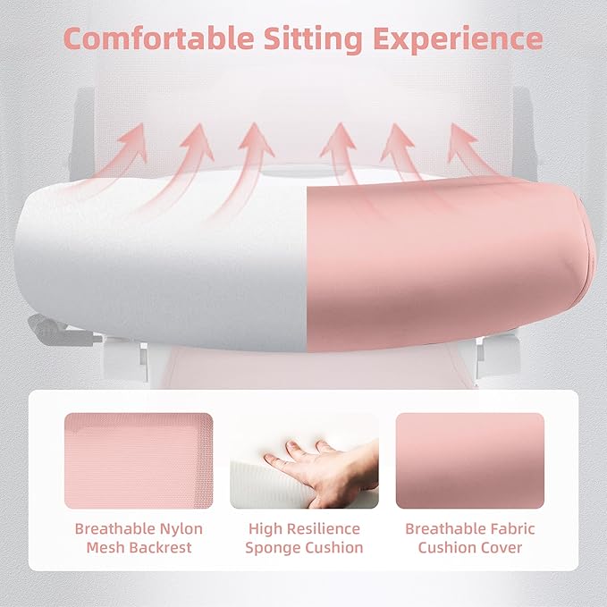 Foldable Office Chair with Foot Rest, Ergonomic Office Chair with Adjustable Lumbar Support, Headrest, Armrest, Home Office Desk Chair for Space Saving, Work from Home, Pink