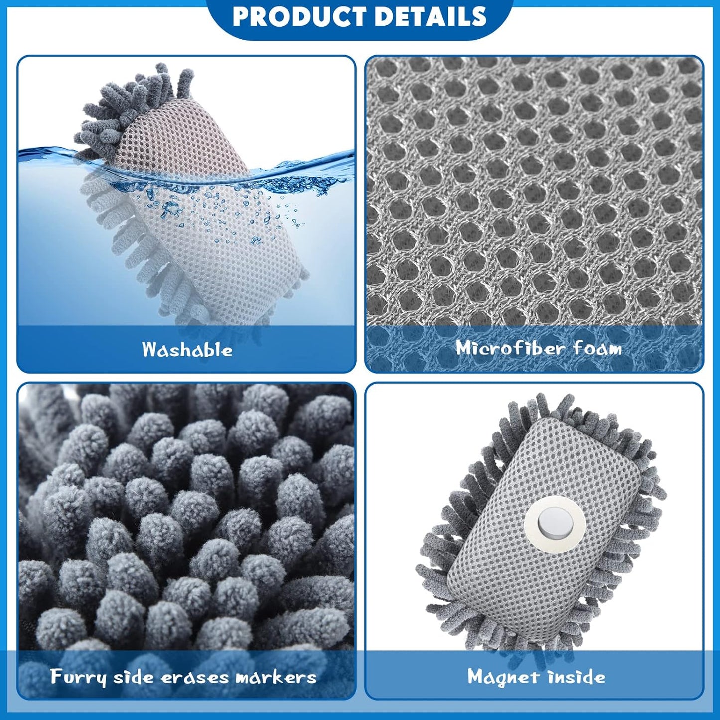 Epakh 12 Pieces Magnetic Microfiber Dry Eraser Microfiber Whiteboard Washable Shag Erase Board for Markers Chalk Home Classroom and Office(Grey)