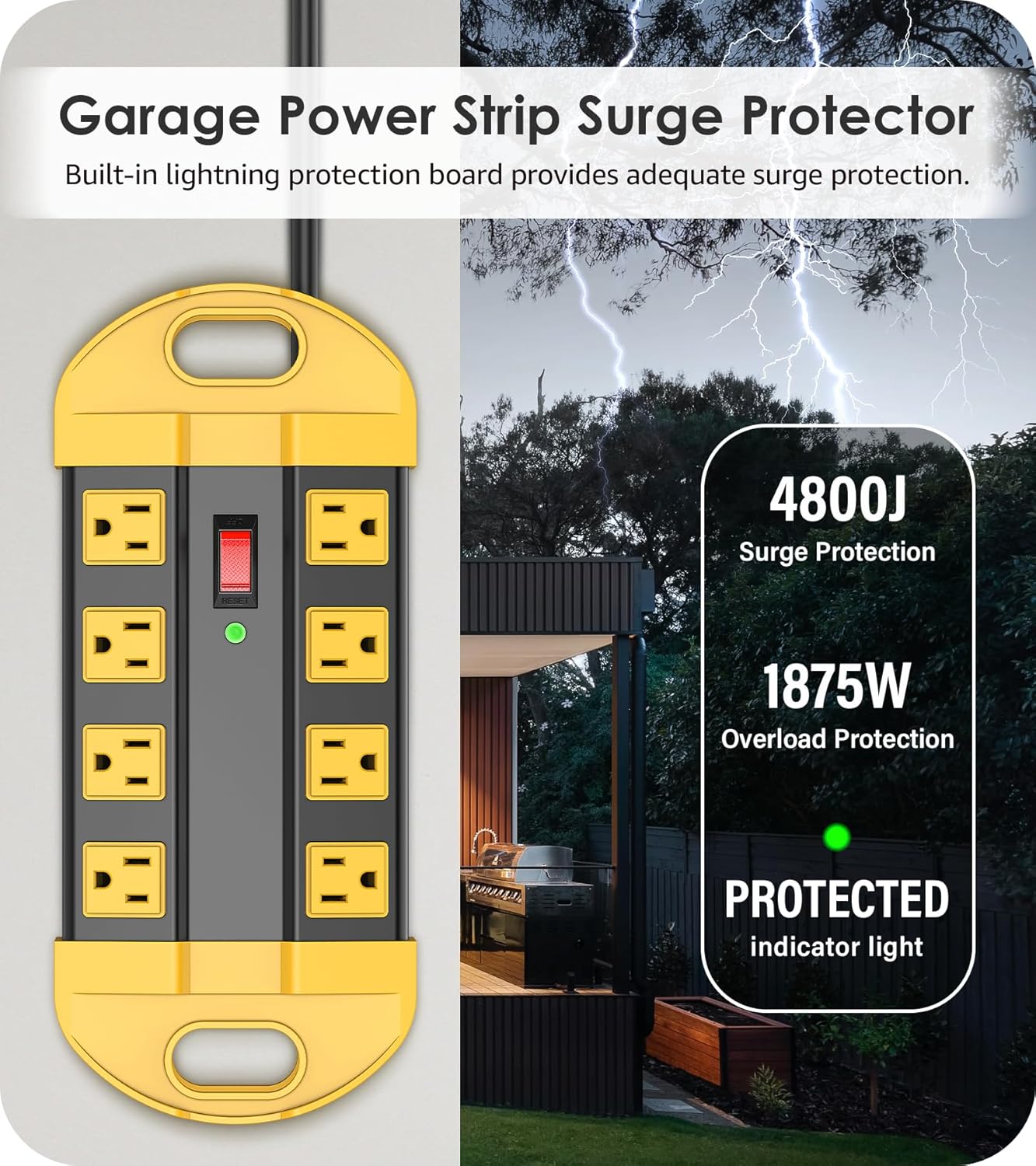 CCCEI Heavy Duty Power Strip Surge Protector, Metal 8 Outlets Power Strip for Appliance. Garage Shop Industrial Workbench 15 AMP Outlets Strip. 15FT Extension Cord, Yellow
