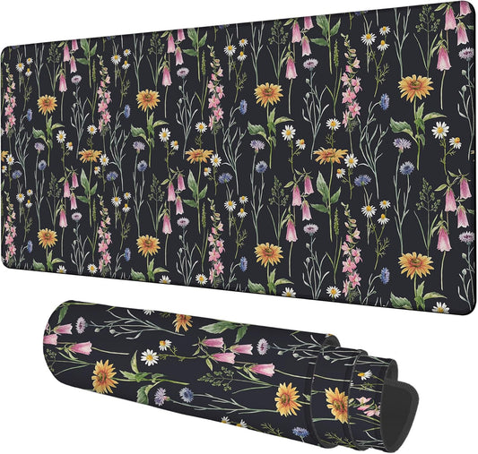 Large Mouse Pad Field Flowers Gaming Desk Pad Computer Keyboard Non-Slip Waterproof Mouse Mat with Rubber Base and Stitched Edges Entertainment Office Writing Desk Mat 35.4 x 15.7 Inches