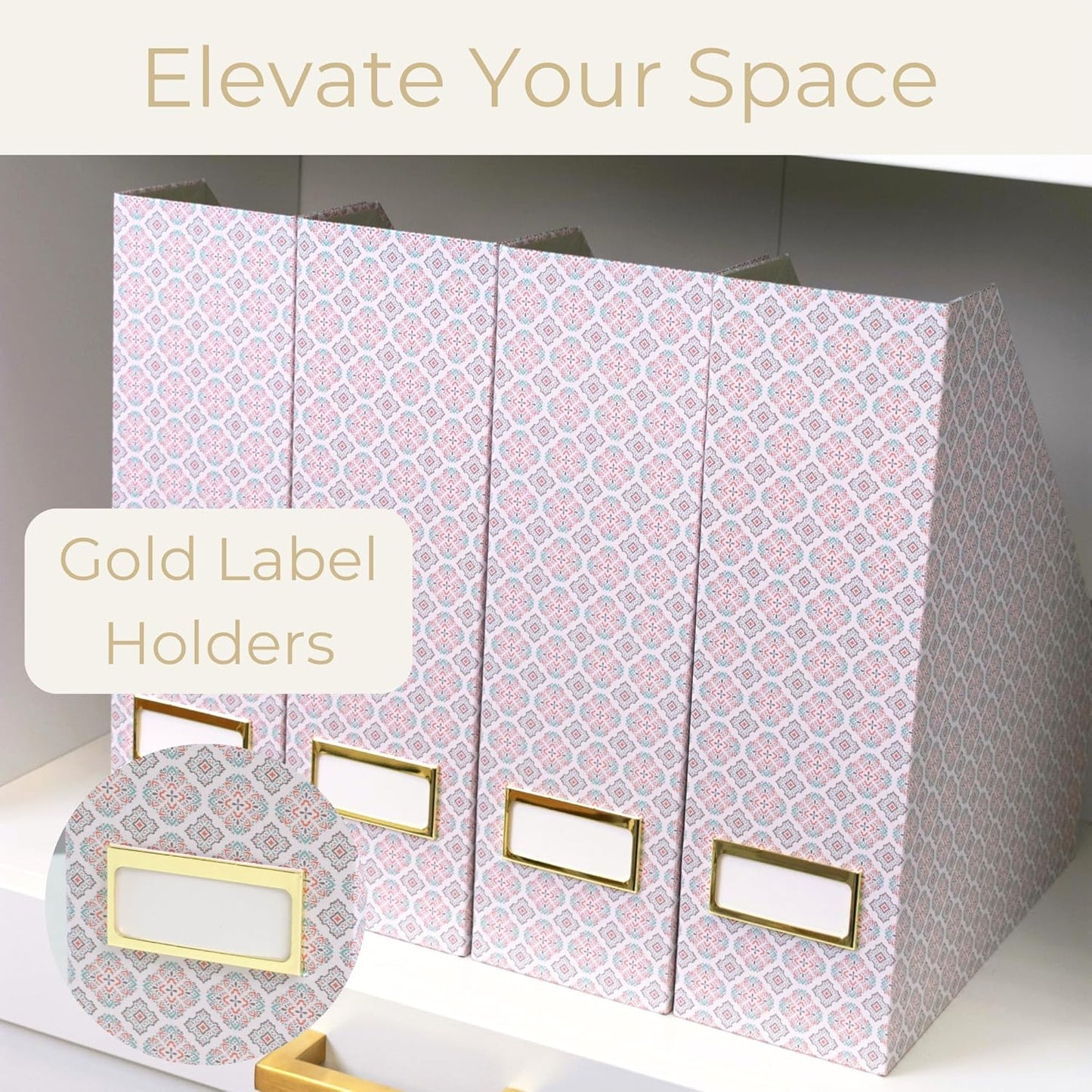 BLU MONACO Foldable Magazine File Holder Set of 4 with Moroccan Tile Design – Decorative Cardboard Magazine Organizer for Home, Office & Dorm Room – Stylish Magazine Storage Solution