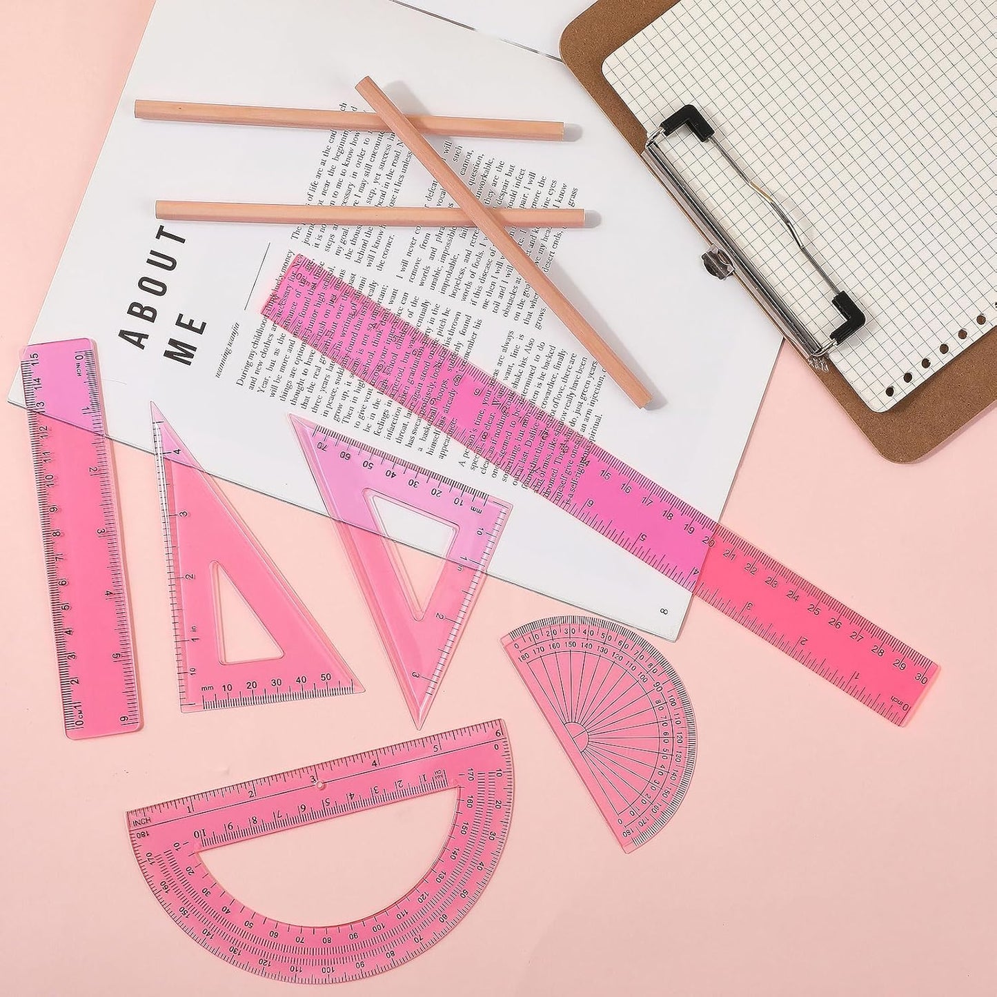 Tenare 1 Set Plastic Clear Math Set Includes Protractor Triangle Rulers 12 Inch 6 Inch Straight Geometry Math Transparent Ruler Measuring Tool for School Office Home Supplies(Pink)