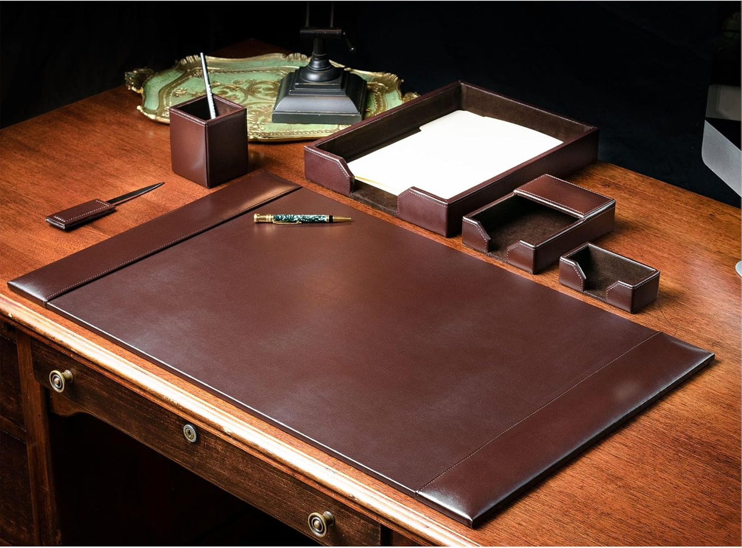 Dacasso Dark Brown Bonded Leather Luxury 6 Piece Desk Set - Blotter Pad & Desk Organization Essentials - Executive Decor and Surface Protector