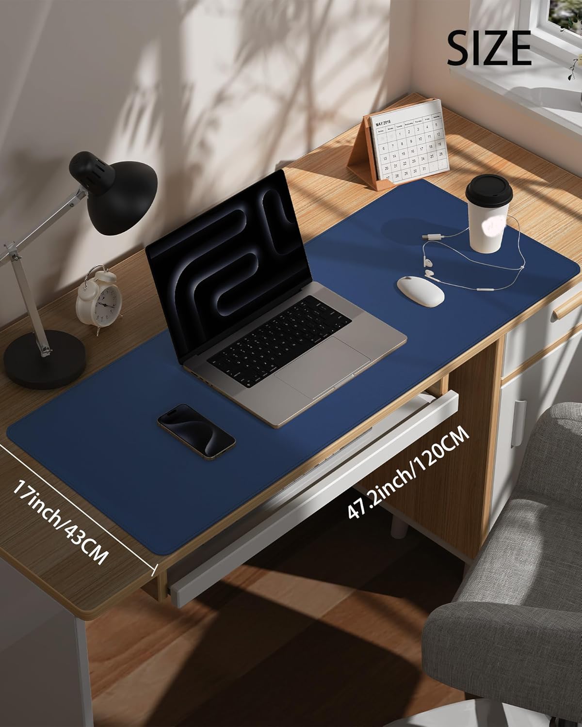 Large Desk Pad Mat - Waterproof Mouse Pad & Desk Protector, Non-Slip XL PU Leather Gaming Mat for Keyboard/Mouse, Stitched Edge with Ergonomic Support, 47"x17" (Blue)