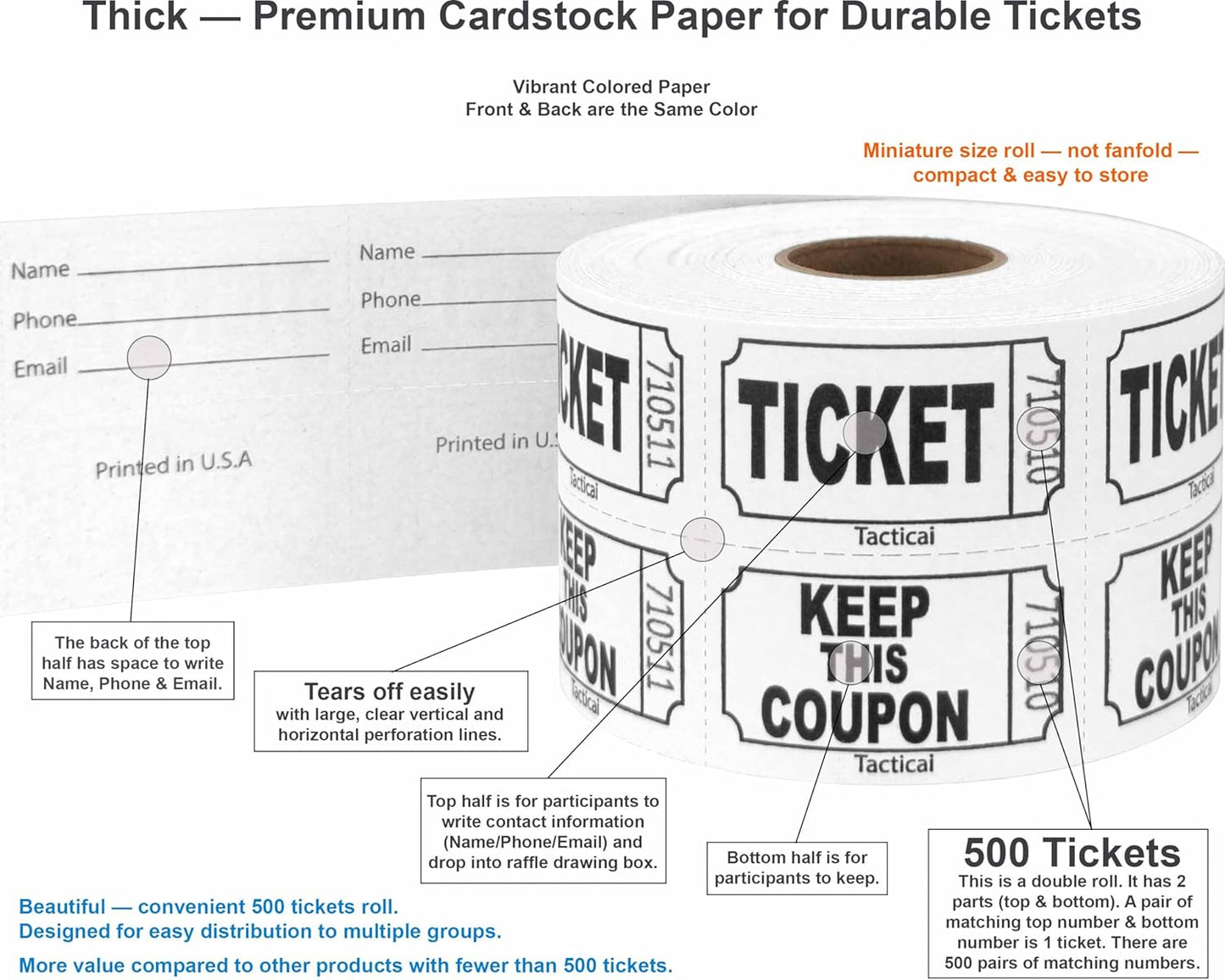 Tacticai 500 Raffle Tickets, White (1 of 8 Colors), Double Roll, Ticket for Events, Entry, Class Reward, Fundraiser & Prizes