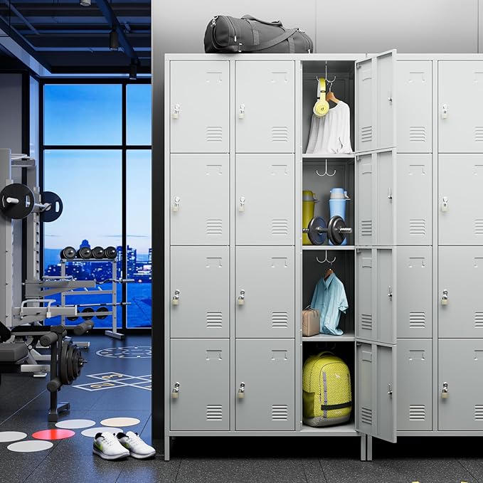 Metal Lockers for Employees with 12 Door & Hooks,Metal Storage Locker with Lock and Card Slot for School Office Garage Gym Bedroom Home,Assembly Required,12 Doors Light Grey