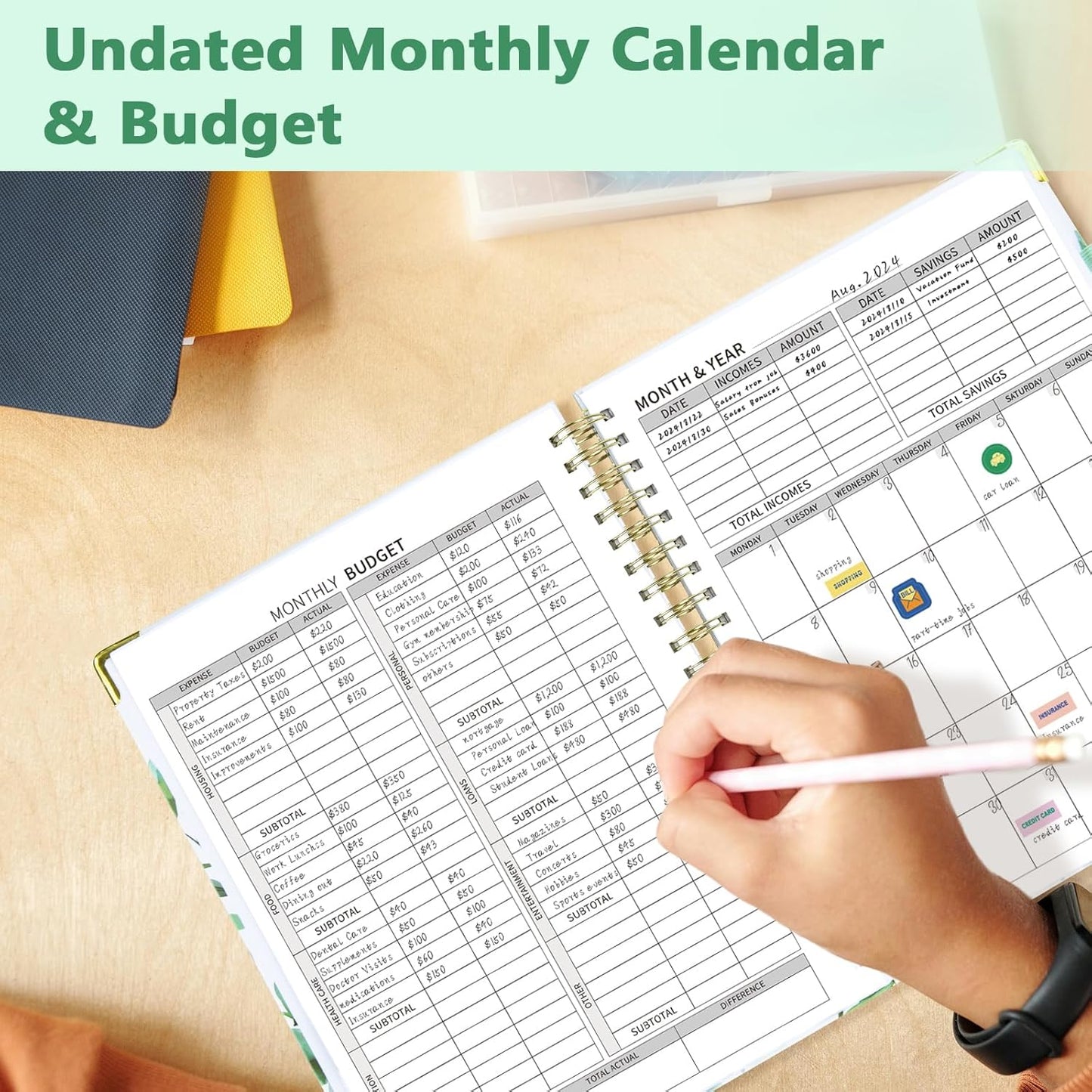 Ospelelf Undated Budget Planner with Expense Tracker and Bill Organizer Large Spiral Bound Monthly Account Planners to Take Control of Your Money 12 Months Green