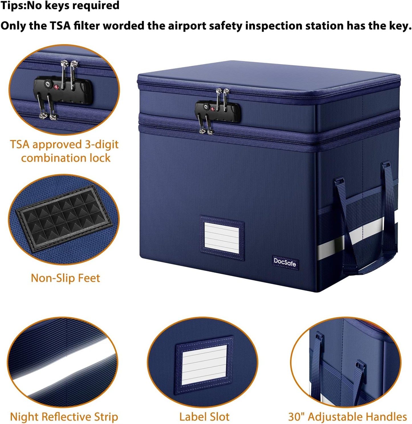 DocSafe File Box with Lock,Multi-Layer Fireproof Document Box Collapsible File Storage Organizer with Pockets/Handle,Large Portable Home Office Filing Safe for Hanging Letter/Legal Size Folders,Blue