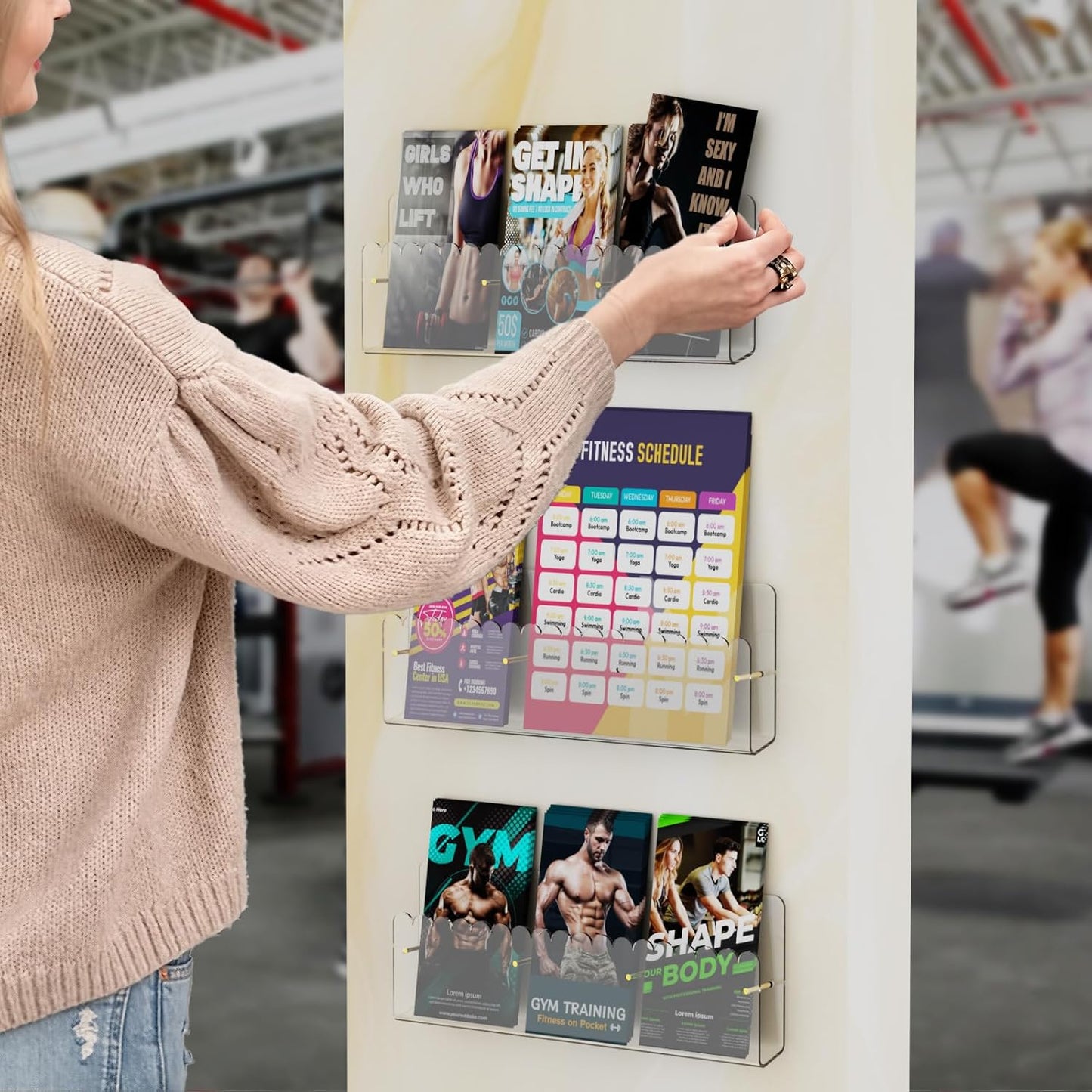 Brochure Holder Wall Mount, 2 Pack Acrylic Modular Flyer with Adjustable Magnetic Golden Bolt, Wavy Lace Pamphlet Display Stand for Organizer Trifold Flyer, Document, Leaflet, 3 Slots