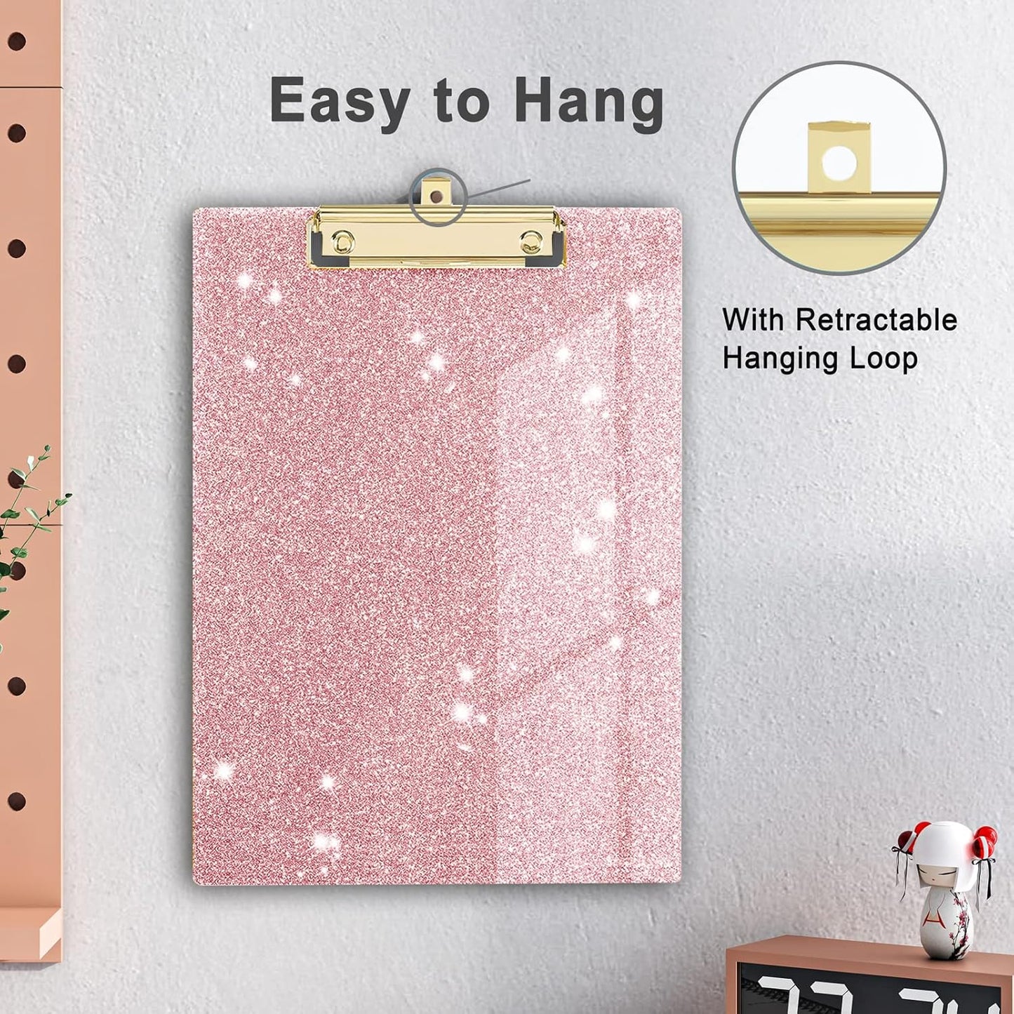 Glitter Acrylic Clipboard Decorative Standard A4 Letter Size 12.2" x 8.7", Fashion Bling Clip Boards with Designed Low Profile Gold Clip for Classroom Office - Rose Gold