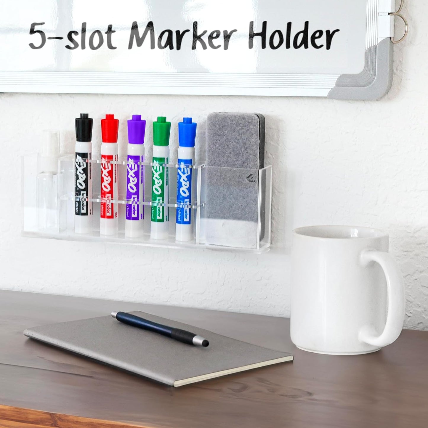 Slim Magnetic Dry Erase Marker Holder for Whiteboard, Space Saving Pen Organizer with Glass and Wall Mount Accessories for Fridge, Office, and School. Markers, Eraser, Cleaner Not Included (Clear)