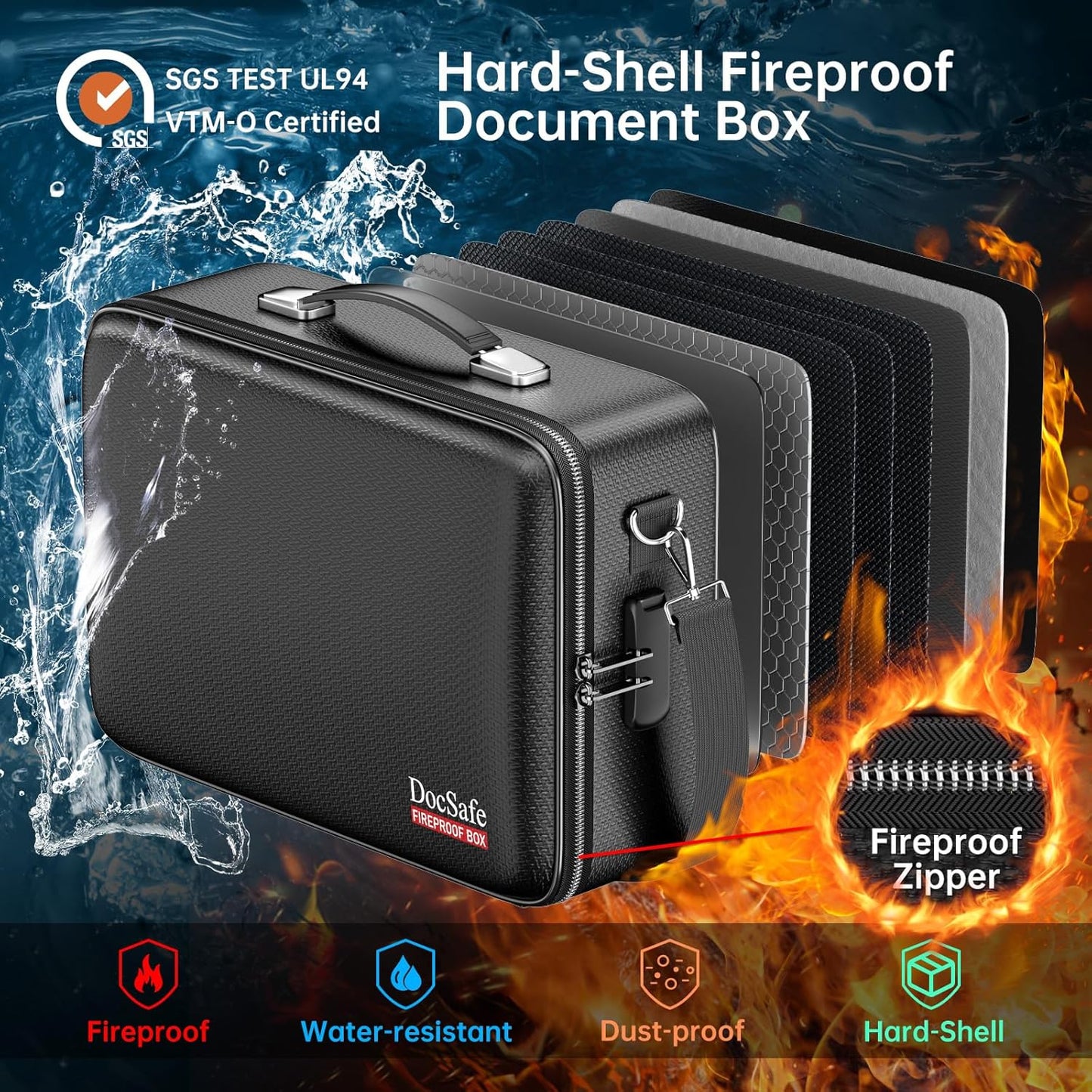 DocSafe Fireproof Document Box with Lock＆Shoulder Strap, Hard-Shell Case File Organizer with Accordion File Folder, Multi-Layer Portable Home Office Travel Safe Storage for Important Documents Laptop