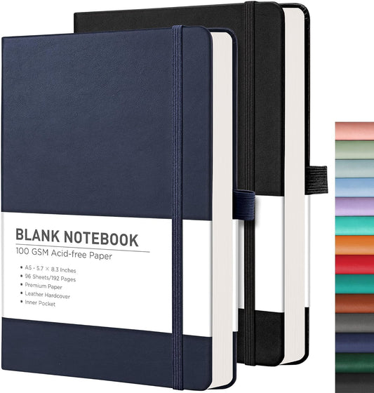 RETTACY Blank Journal Notebook, 2-Pack, 192 Pages per Pack, A5 Medium Size (5.7'' x 8.3''), Leather Hardcover, 100 GSM Thick Paper, for Sketching, Drawing, Painting (Black & Navy Blue)