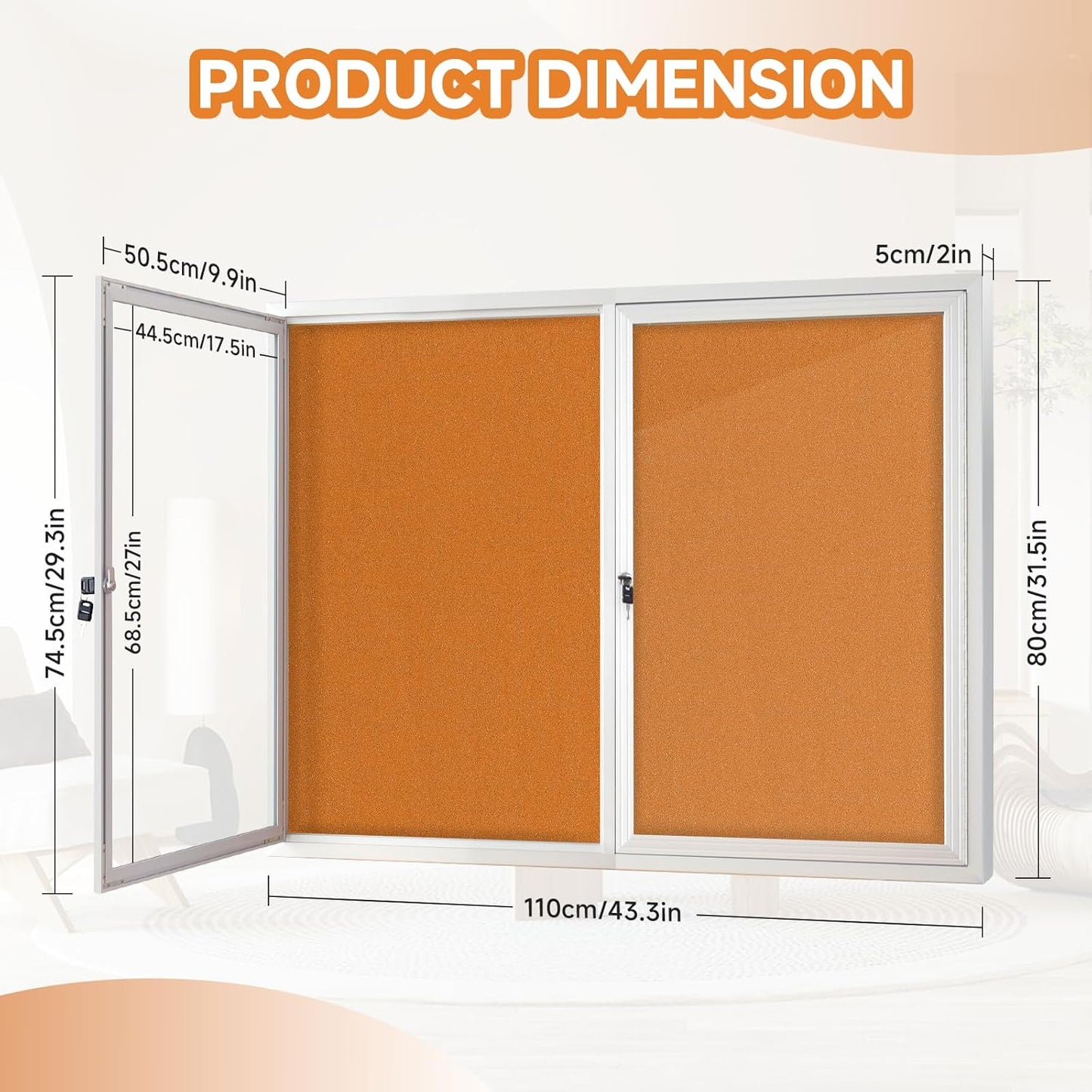 Enclosed Bulletin Board with Locking Door, Outdoor Bulletin Board Weatherproof, Lockable Display Case for Home, Office, and Community Use(31.5" L x 43.3" W Cork)