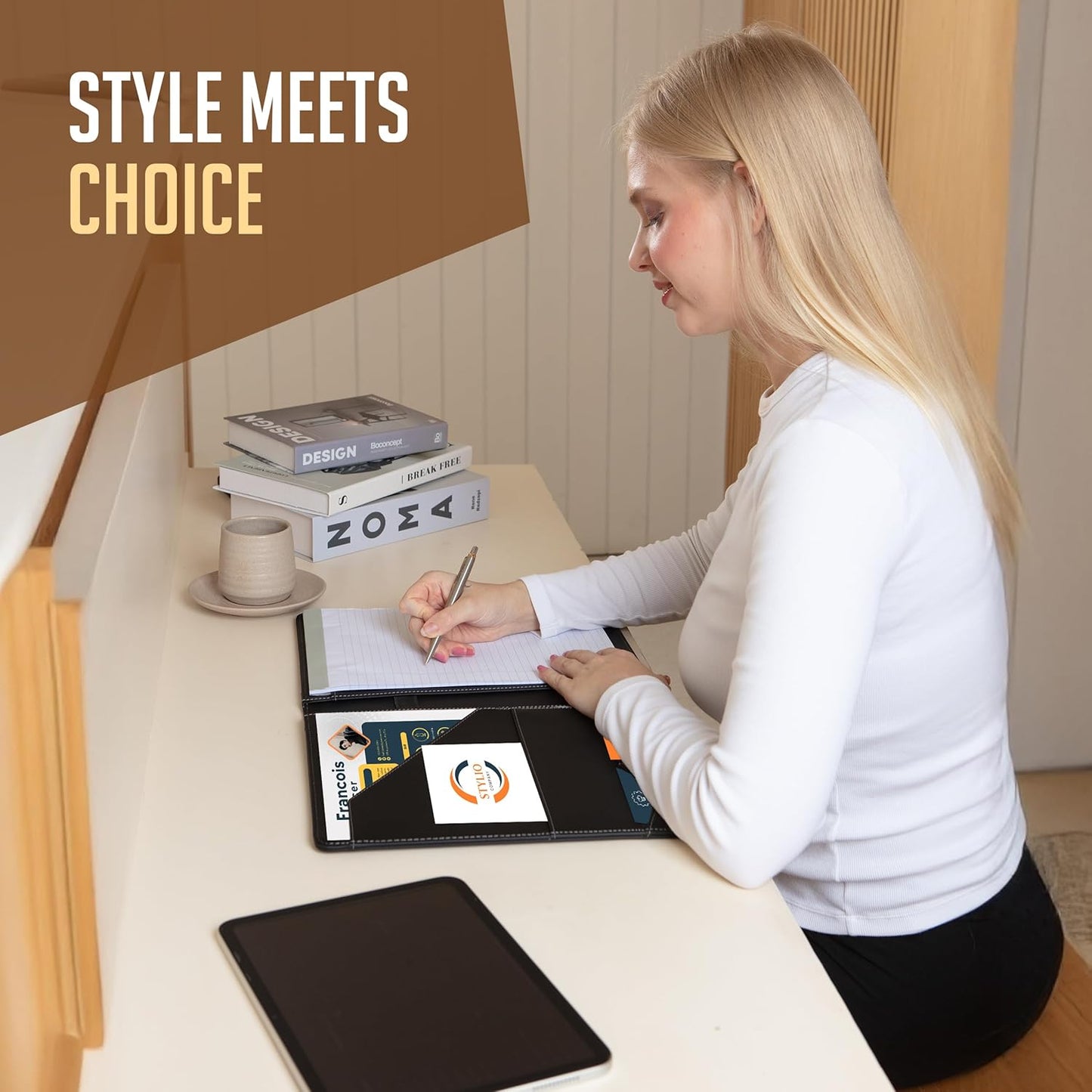 STYLIO Padfolio Portfolio Organizer Binder | Interview Resume Folder, Legal Document, Business Card Holder |w/Letter-Sized Notepad | Handsome Piano Noir Faux Leather Folio Matte Finish, Accent Stitch