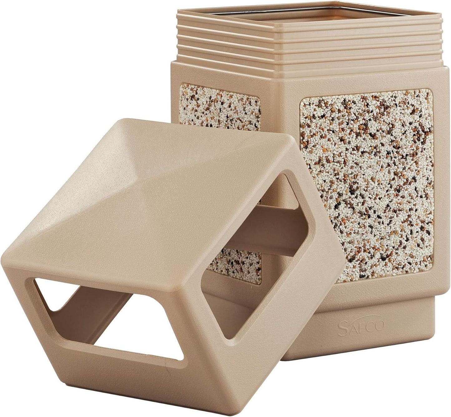 Safco Canmeleon Trash Can, 38 Gallons, Indoor and Outdoor Use, Durable & Weather-Resistant Commercial Garbage Can with Stone Panels, Tan