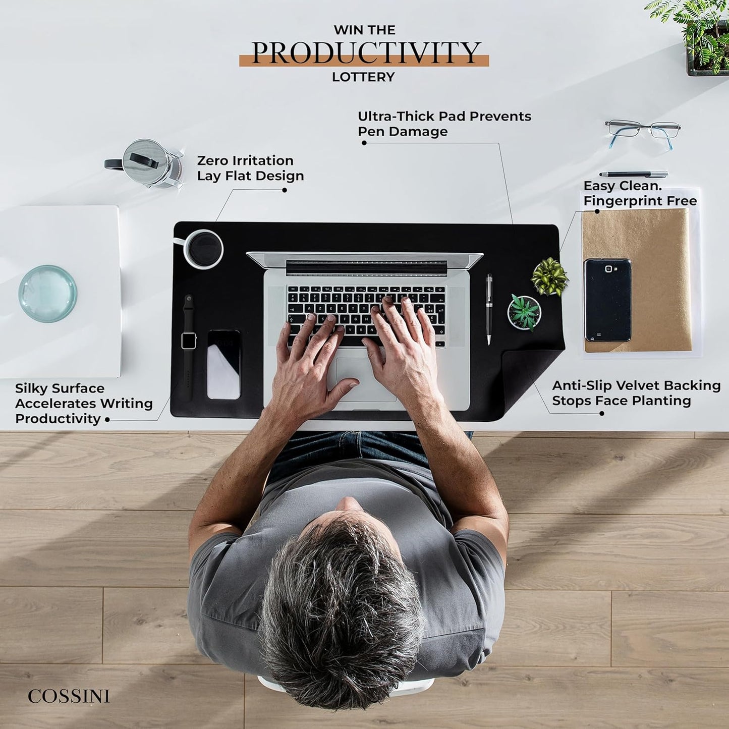 Cossini XL Desk Pad - Large Vegan Leather Desk Mat 17 x 36- Buttery Smooth Writing, Damage Blocking, Non-Slip, Waterproof - Home Office Computer Desk Protector Blotter Laptop Keyboard Mouse Pad